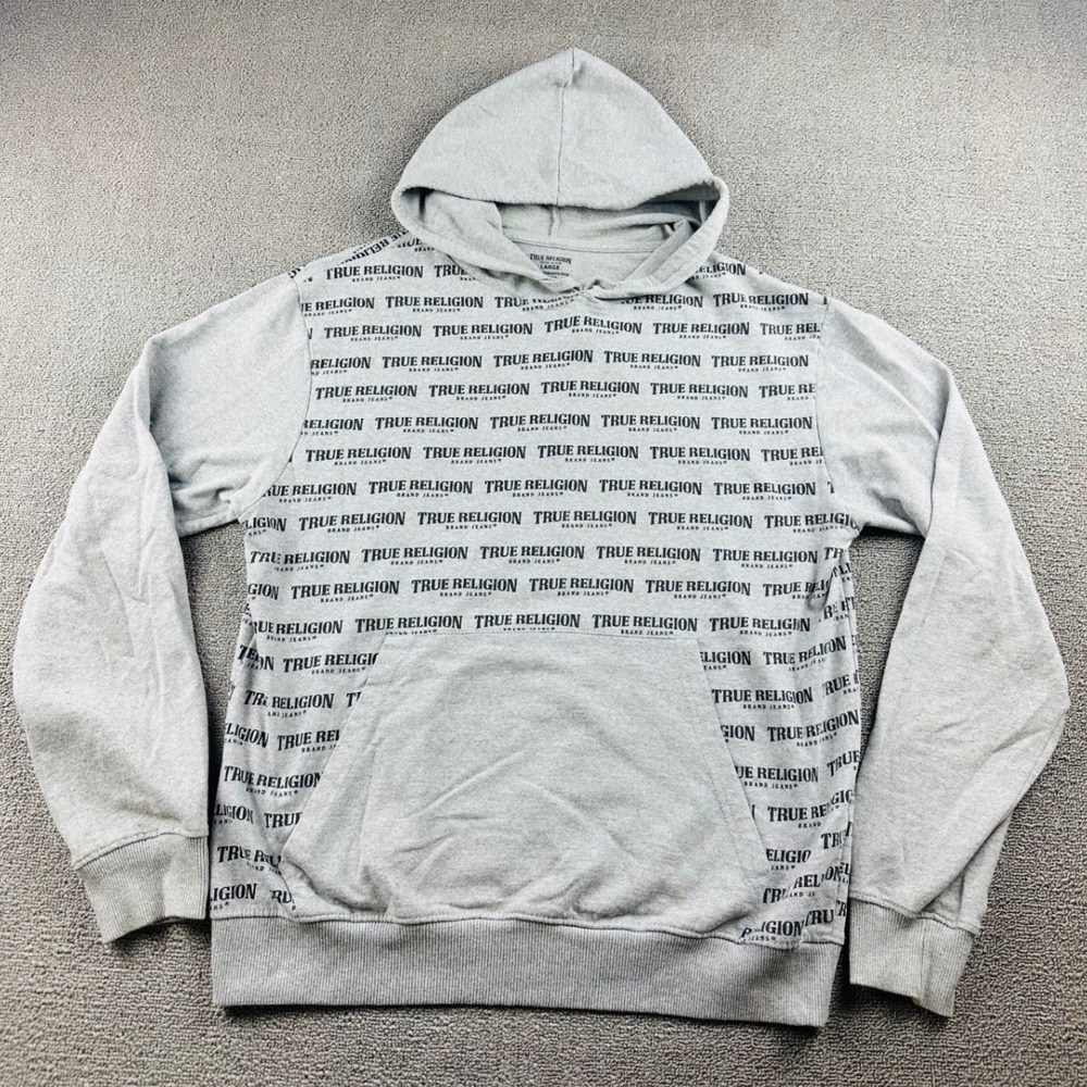 True Religion Hoodie Men L Gray Heather Pullover Sweatshirt All Over Print Urban